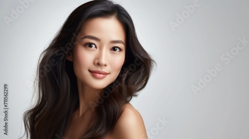 Beautiful Asian Woman Portrait Studio Photo Photography Profile Picture Young Model with Long Hair for Fashion Beauty Skincare Haircare Products on White Light Color Background 16:9
