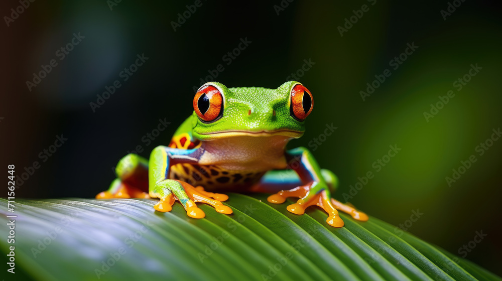 Fototapeta premium In the lush forest, a tiny, vibrant tree frog perches on a leaf, its dazzling colors and intricate patterns bringing a burst of life to the verdant backdrop