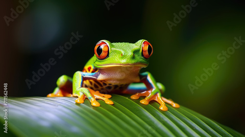In the lush forest, a tiny, vibrant tree frog perches on a leaf, its dazzling colors and intricate patterns bringing a burst of life to the verdant backdrop