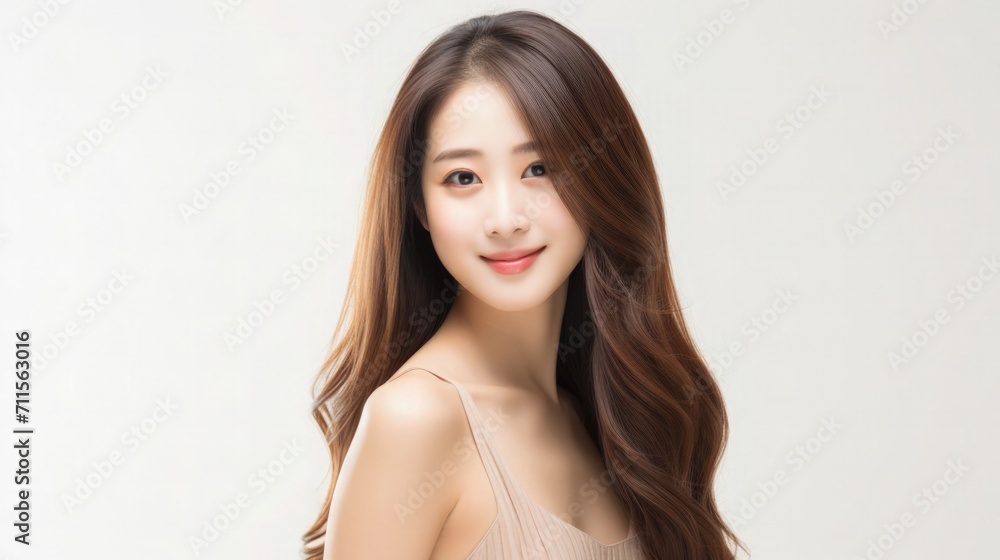 Beautiful Asian Woman Portrait Studio Photo Photography Profile Picture Young Model with Long Hair for Fashion Beauty Skincare Haircare Products on White Light Color Background 16:9 Beautiful Asian Woman Portrait Studio Photo Photography Profile Picture Young Model with Long Hair for Fashion Beauty Skincare Haircare Products on White Light Color Background 16:9