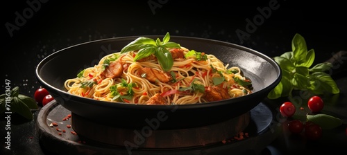 Delicious italian spaghetti pasta on black plate with dark background for text placement