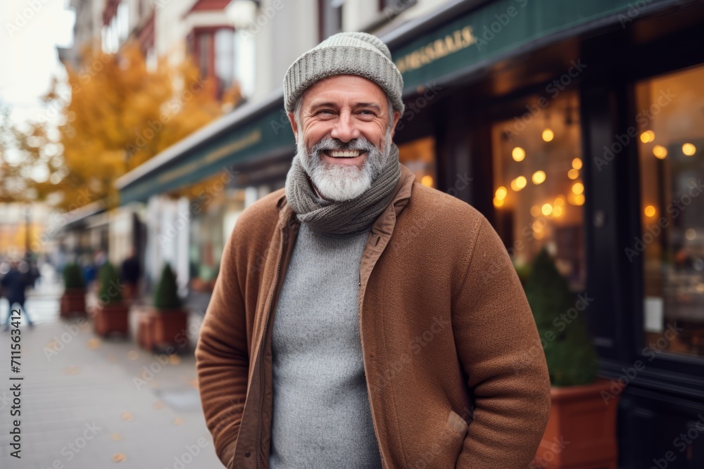 Portrait of a senior man in a hat and scarf on the street. Portrait of a senior man in a hat and scarf on the street.