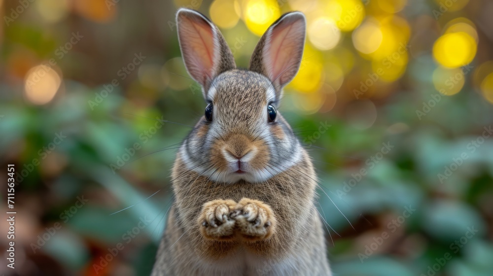 Fototapeta premium rabbit sits on a table in front of a background of shelves with bottles, holding a sign with a copy space place in front of him. The atmosphere of a laboratory office