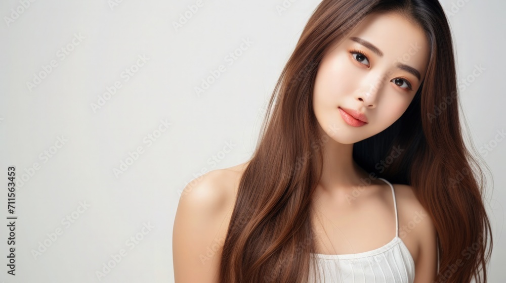 Beautiful Asian Woman Portrait Studio Photo Photography Profile Picture Young Model with Long Hair for Fashion Beauty Skincare Haircare Products on Grey Light Color Background 16:9 Beautiful Asian Woman Portrait Studio Photo Photography Profile Picture Young Model with Long Hair for Fashion Beauty Skincare Haircare Products on Grey Light Color Background 16:9