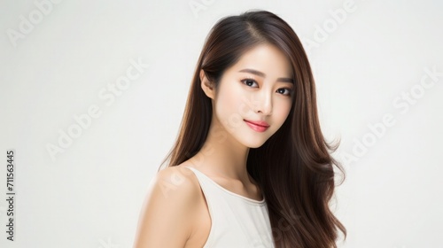 Beautiful Asian Woman Portrait Studio Photo Photography Profile Picture Young Model with Long Hair for Fashion Beauty Skincare Haircare Products on Grey Light Color Background 16 9