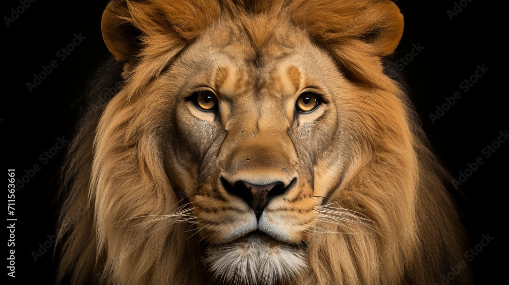 Majestic lion with piercing gaze, captured in stunning detail, isolated on black background