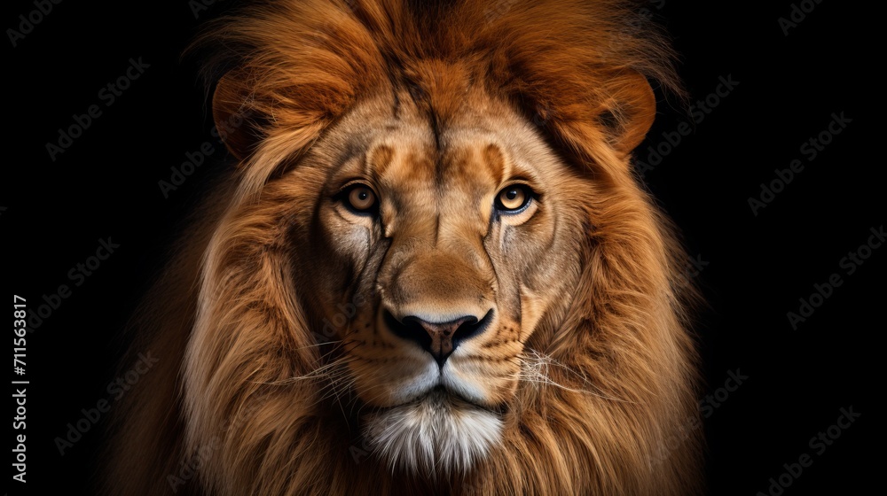 Majestic and powerful black lion standing proudly in striking isolation on a dark background