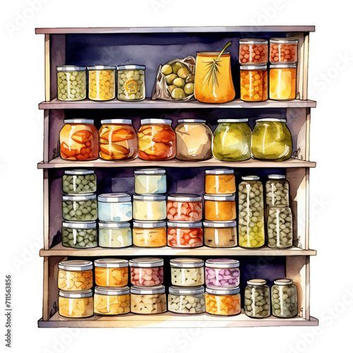 Einmachgläser Aquarell Vorratsschrank Konserven Illustration Eingemachtes Gemüse Obst Küchendekor Wandkunst Handgemalt Pantry Organisation Küchenkunst Lebensmittelvorrat