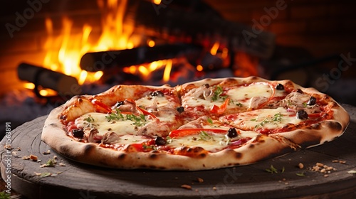 Delicious closeup of freshly baked pizza with traditional wood fired oven in the background