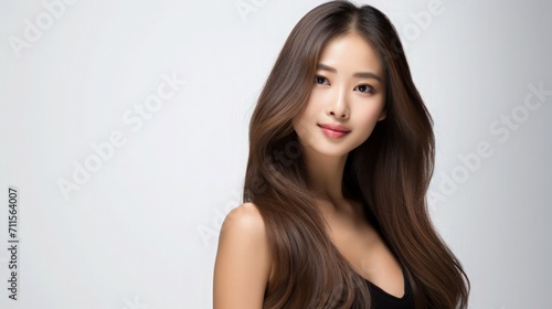 Beautiful Asian Woman Portrait Studio Photo Photography Profile Picture Young Model with Long Hair for Fashion Beauty Skincare Haircare Products on Grey Light Color Background 16:9
