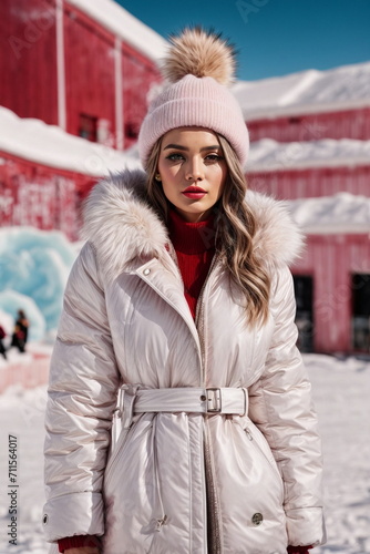 Portrait of Beautiful young woman with long blond hair in winter clothes on pink blue background on fashion show.