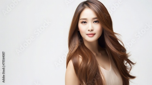 Beautiful Asian Woman Portrait Studio Photo Photography Profile Picture Young Model with Long Hair for Fashion Beauty Skincare Haircare Products on White Light Color Background 16:9