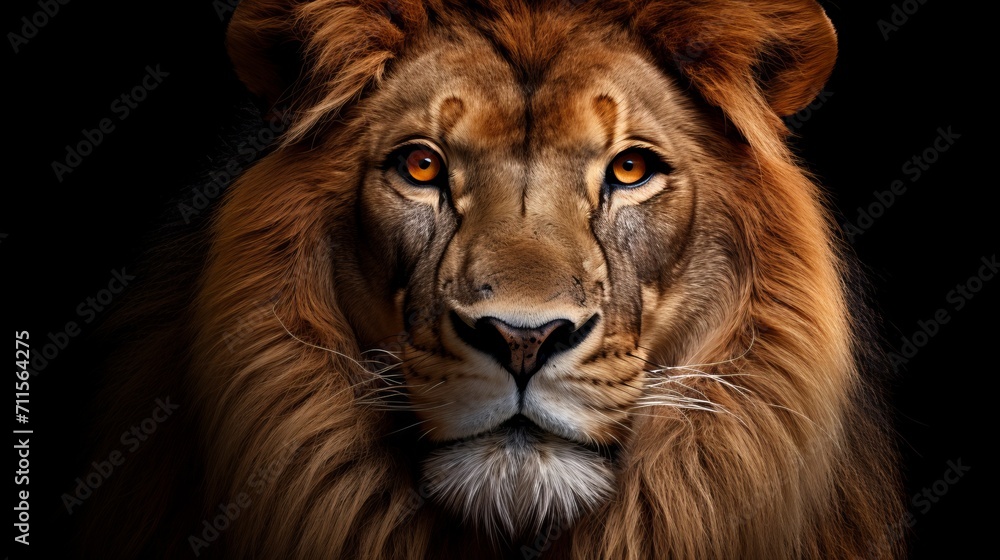 Powerful and majestic lion with intense gaze standing proudly on isolated black background