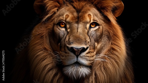 Powerful and majestic lion with intense gaze standing proudly on isolated black background