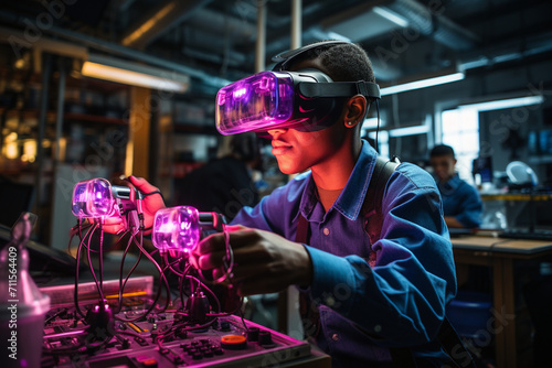 A dynamic image of students engaged in a chemistry experiment with virtual reality simulations, combining technology with hands-on laboratory experiences. photo