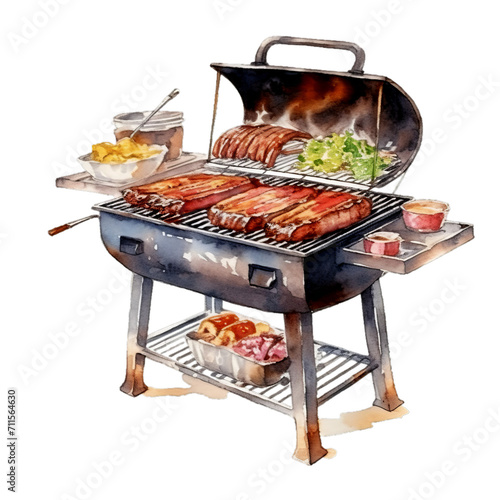 Grill Aquarell BBQ Fleisch Gemüsespieße Feuer Kochkunst Wandkunst Outdoor Kochen Sommerparty Essen Illustration Handgemalt Lebensmittelkunst Gartenparty Dekor