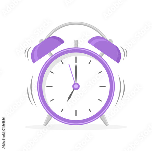 Purple alarm clock ringing, isolated on white background. Flat vector illustration