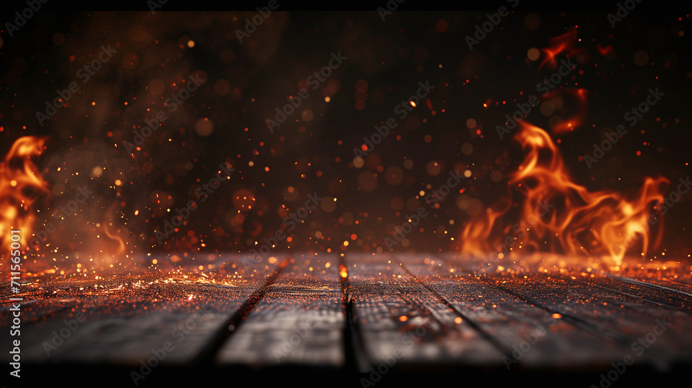 Blank wooden table with fire burning at the edge of the table, fire sparks and smoke with flames on a dark background to display products - obrazy, fototapety, plakaty 