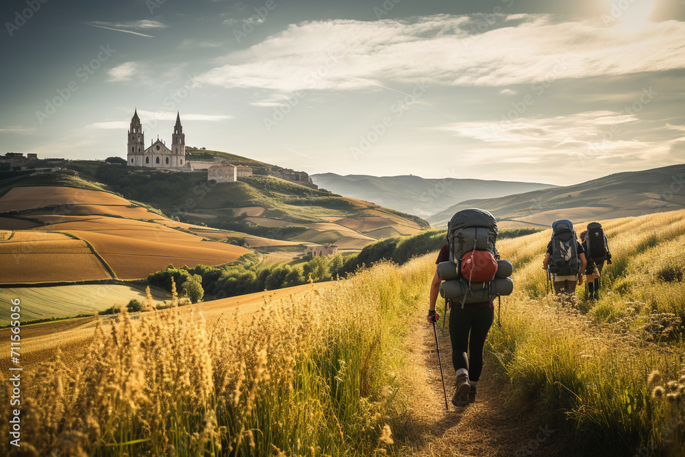 A pilgrimage along the historic Camino de Santiago trail, guiding spiritual seekers through picturesque landscapes and cultural encounters. - obrazy, fototapety, plakaty 
