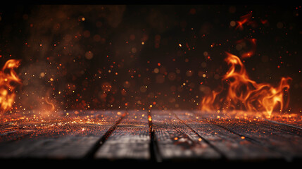 Blank wooden table with fire burning at the edge of the table, fire sparks and smoke with flames on a dark background to display products