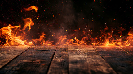 Blank wooden table with fire burning at the edge of the table, fire sparks and smoke with flames on a dark background to display products