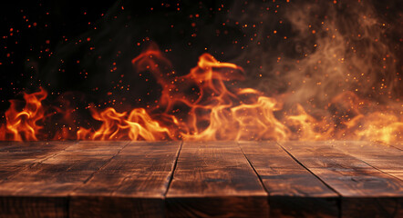 Blank wooden table with fire burning at the edge of the table, fire sparks and smoke with flames on a dark background to display products