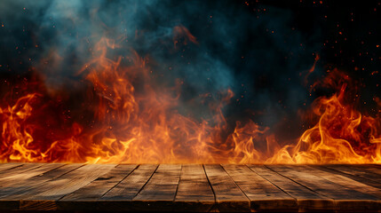 Blank wooden table with fire burning at the edge of the table, fire sparks and smoke with flames on a dark background to display products