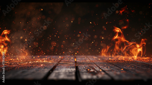 Blank wooden table with fire burning at the edge of the table, fire sparks and smoke with flames on a dark background to display products © Nuchylee