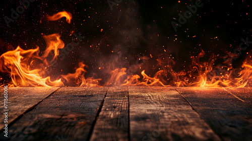 Blank wooden table with fire burning at the edge of the table, fire sparks and smoke with flames on a dark background to display products