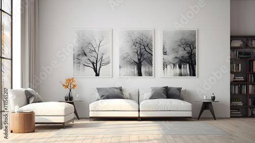 white wall with one or two furnitures room with digital prints photo