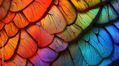 Close up macro of vibrant butterfly scales with iridescent hues and intricate patterns