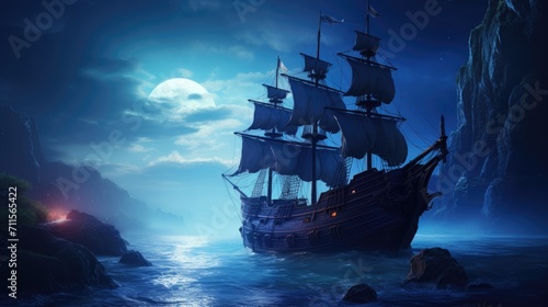 pirate ship on beach at night 