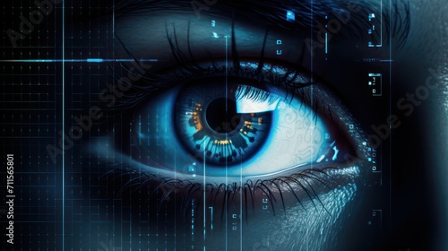 Illustration of an eye with visual vision screen technology hologram effect. Humanoid artificial intelligence modern information technology illustration background wallpaper.