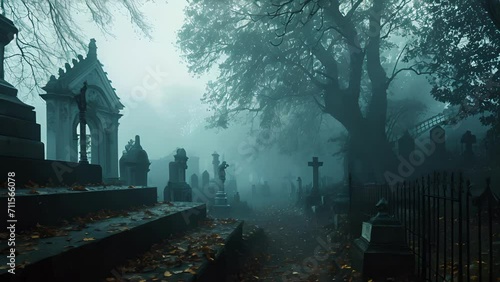 As the fog thickens, the cemetery is transformed into a haunting maze, with each twist and turn revealing a new eerie scene. Fantasy animatio photo