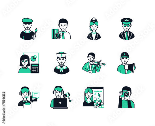 Modern professions for different people - line design style icons set with editable stroke. Artist, flight attendant and pilot, bank teller, sailor, violinist, photographer, designer, podcast host