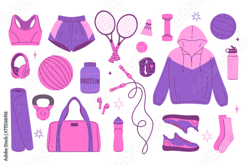 A set of sports equipment and elements in pink and purple colors. Vector graphics.