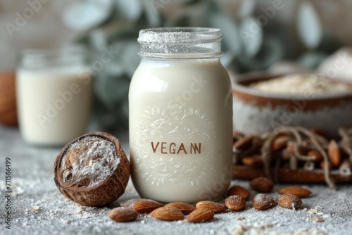 A glass bottle of almond milk with the label  VEGAN  on a wooden table  the container surrounded by nuts. Concept  vegan dairy products  environmentally friendly nutrition.