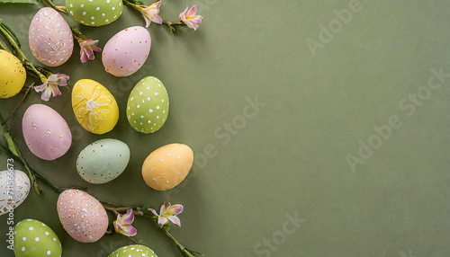 Uova di Pasqua decorate su sfondo verde oliva photo