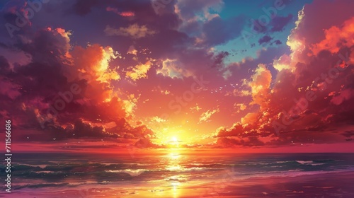 sunset over the ocean. Manga style clouds generative ai