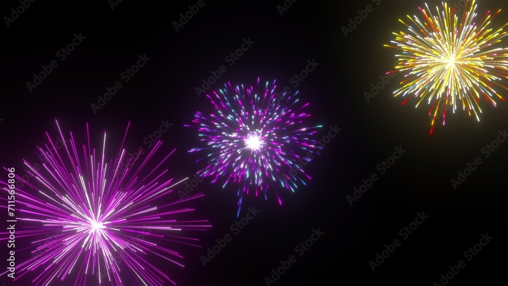 Fototapeta premium Colorful fireworks on black background. Computer generated 3d render