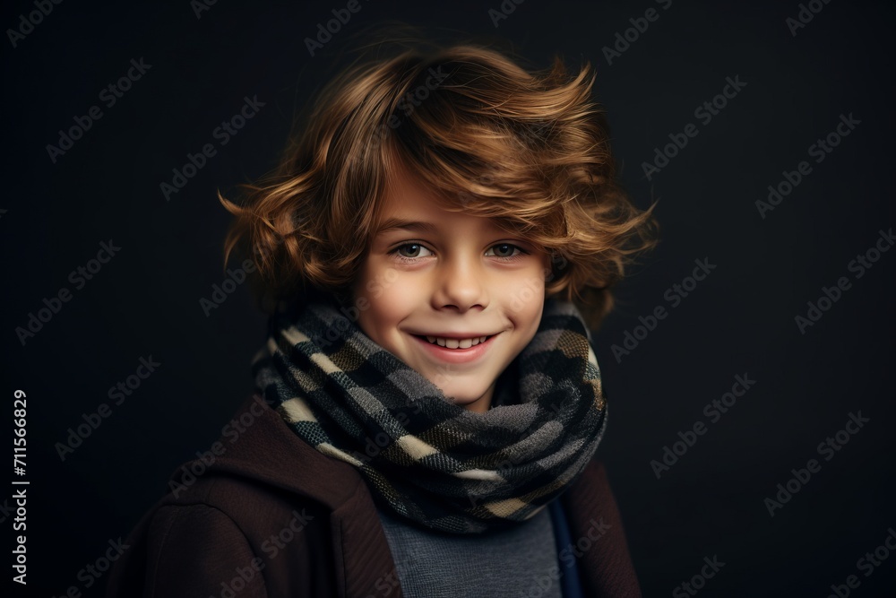 Portrait of a cute little boy in a warm scarf on a dark background. Portrait of a cute little boy in a warm scarf on a dark background.