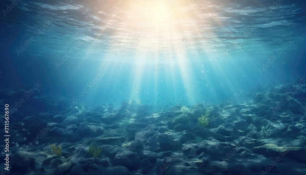 Blue ocean underwater with sunrays reaching background