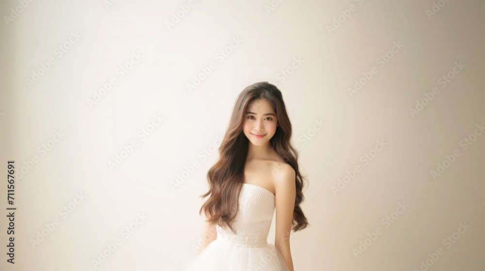 Beautiful Asian Woman Happy Bride Portrait Studio Photo Photography Profile Picture Young Model with Long Hair Concept of Bridal Wedding Dress on White Light Color Background 16:9 Beautiful Asian Woman Happy Bride Portrait Studio Photo Photography Profile Picture Young Model with Long Hair Concept of Bridal Wedding Dress on White Light Color Background 16:9