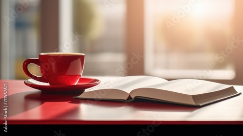 a open book with red cup coffee, reading book or studying in relax moment time