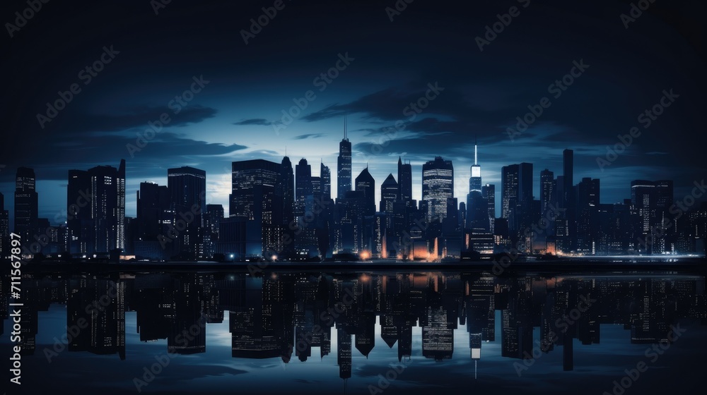 silhouette of skyscraper buildings in the city at night