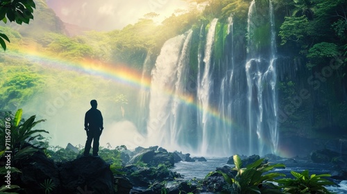 Man on his back  contemplating a rainbow over a waterfall generative ai