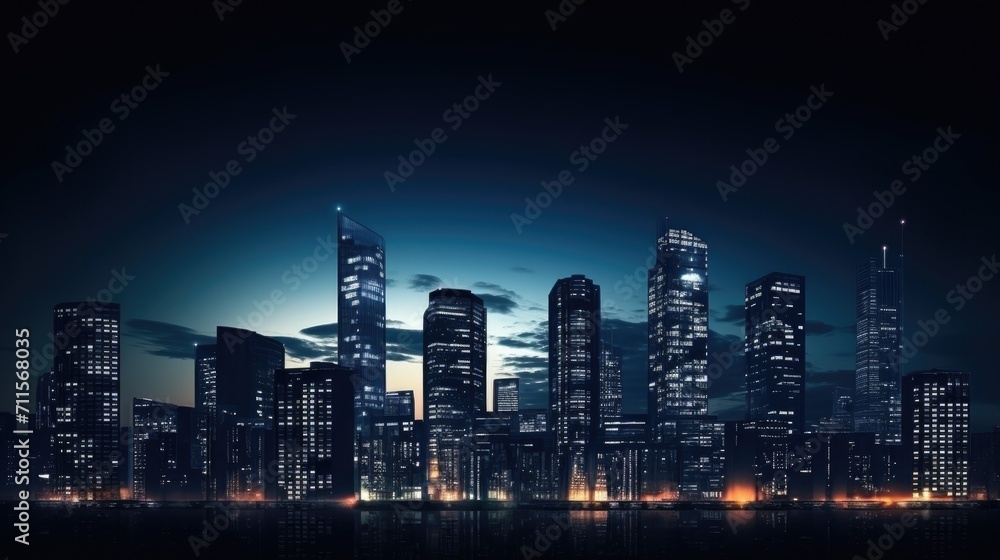 silhouette of skyscraper buildings in the city at night