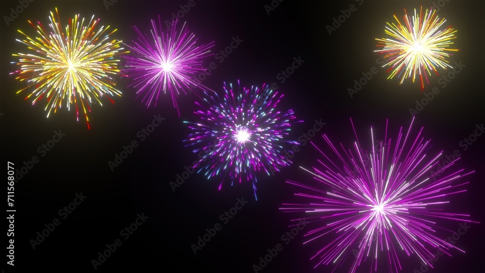 Naklejka premium Colorful fireworks on black background. Computer generated 3d render