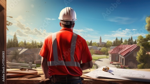 A foreman of a building construction contractor is looking at a work site, wearing a red shirt and a white hard helmet seen from behind.