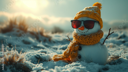 A happy snowman wearing a scarf and sunglasses. photo